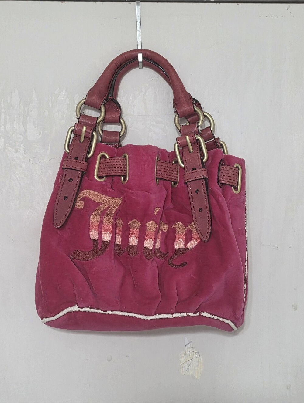 "Juicy Couture" Pink Velour Satchel Bag With Buckles And Leather Straps